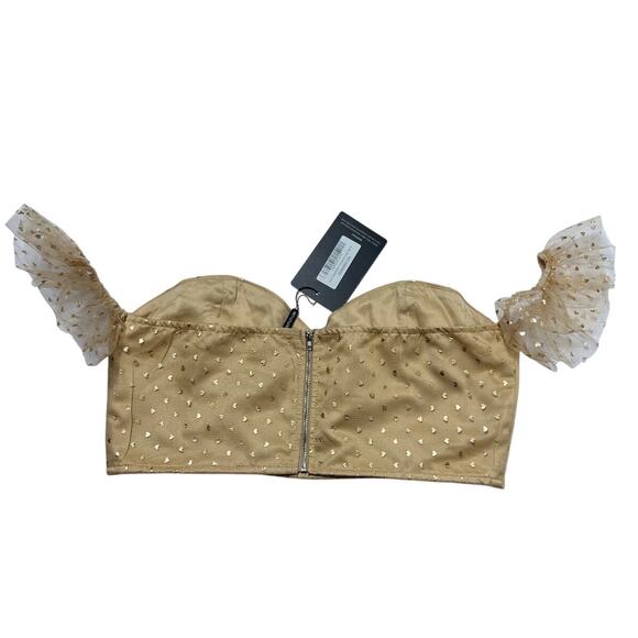 PRETTYLITTLETHING Gold Printed Frill Bardot Crop Top Size 14 NWT - Picture 2 of 7